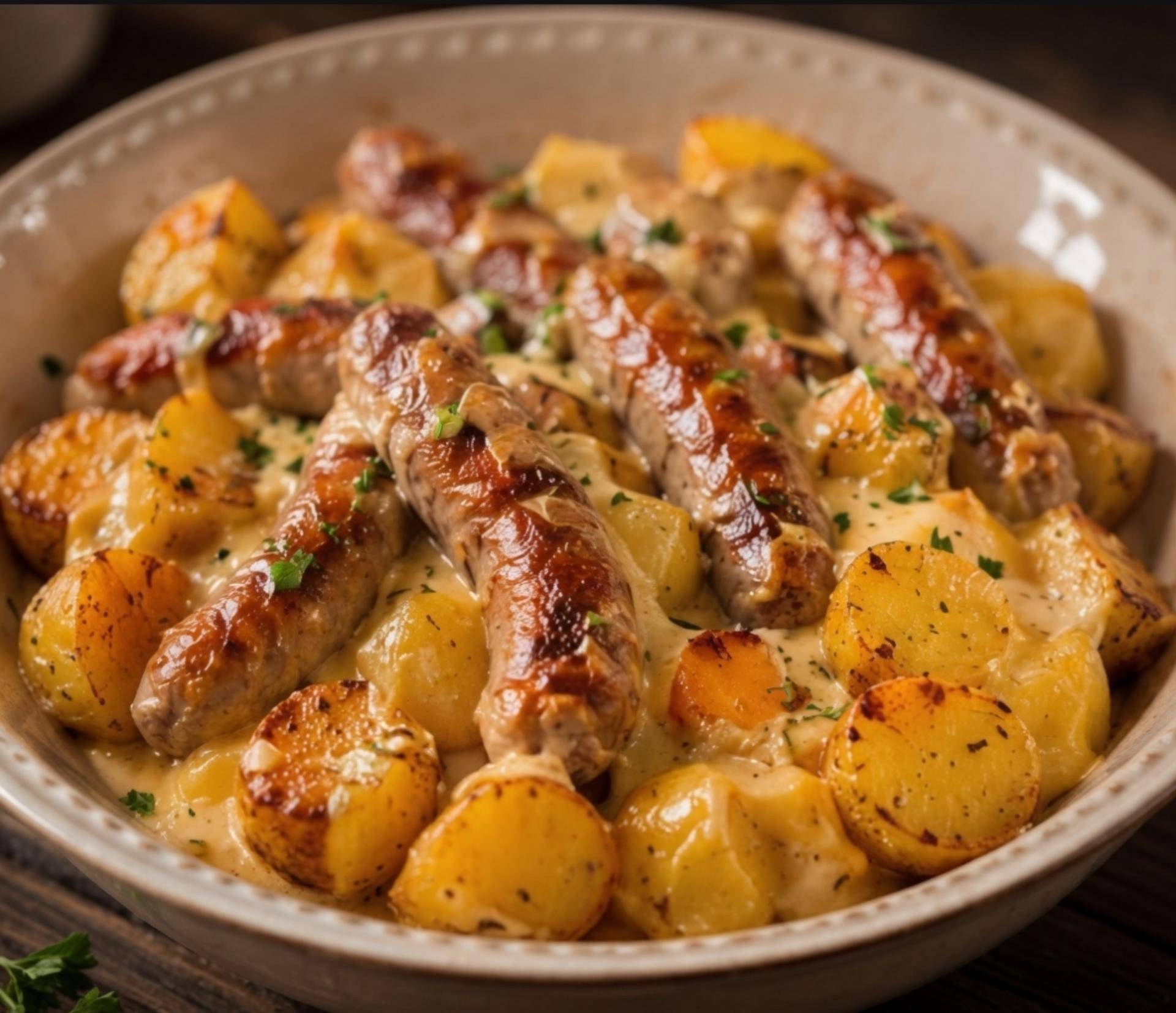 Pommes de terre fondantes & saucisses sauce cheddar - Recette Cookeo | Moulinex