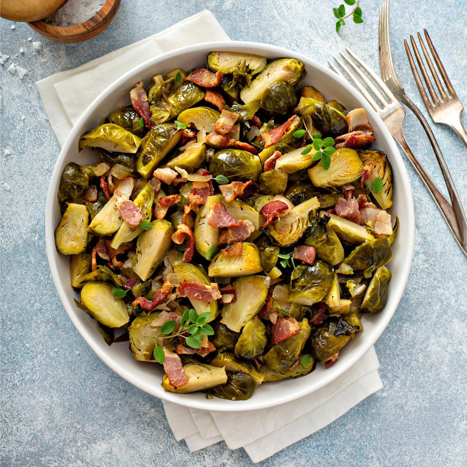 Geroosterde spruitjes met spekjes en mosterd - Recette Easy Fry Mega | Moulinex