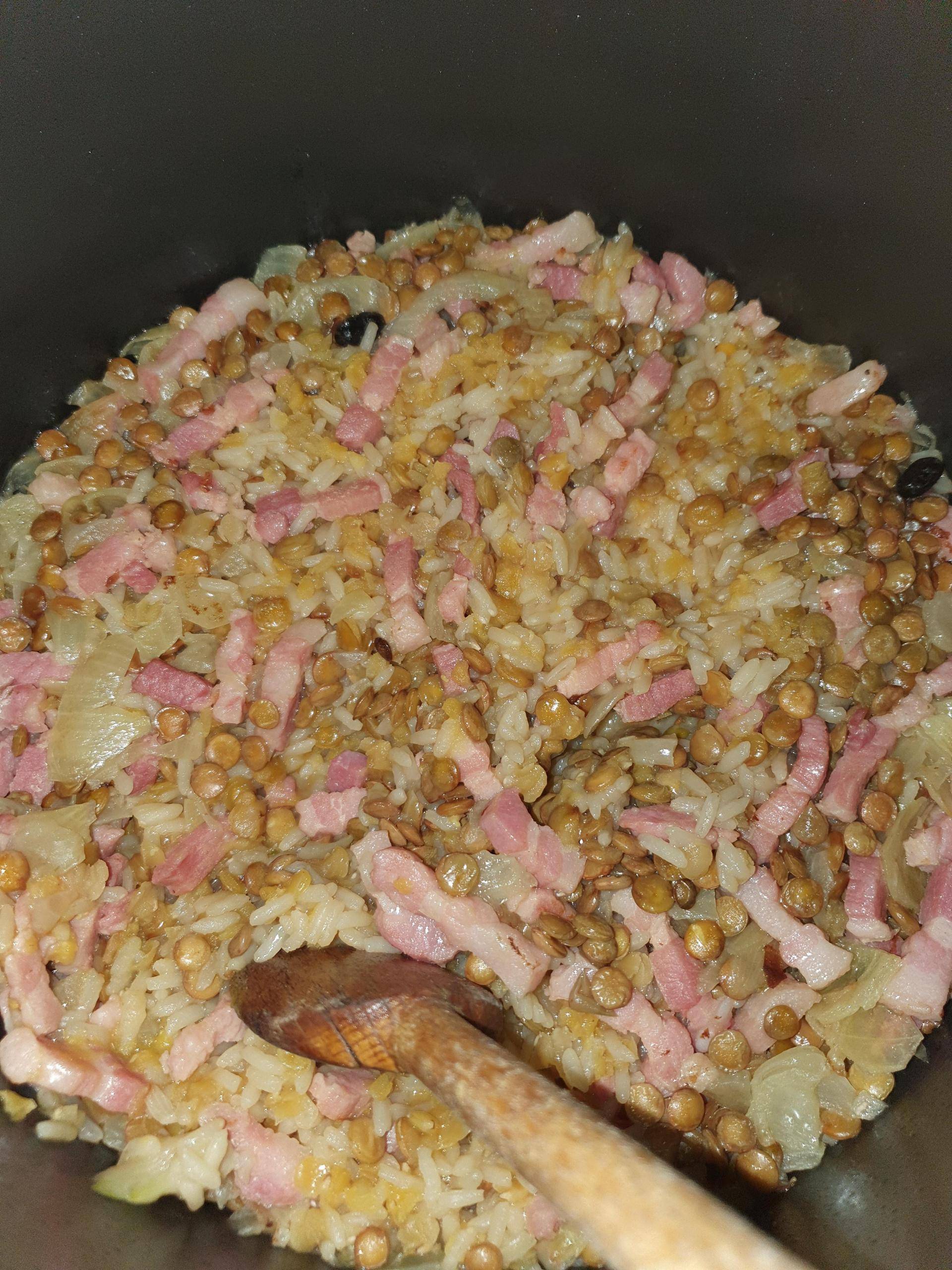 Mélange riz et lentilles corail aux lardons - Recette Cookeo | Moulinex