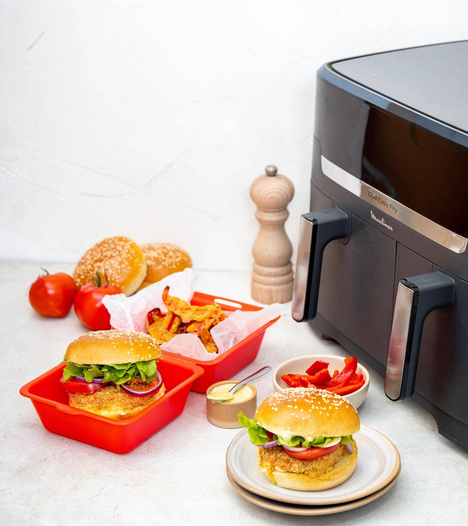 Cheesy burger, tempura de poivrons - Recette Dual EasyFry | Moulinex