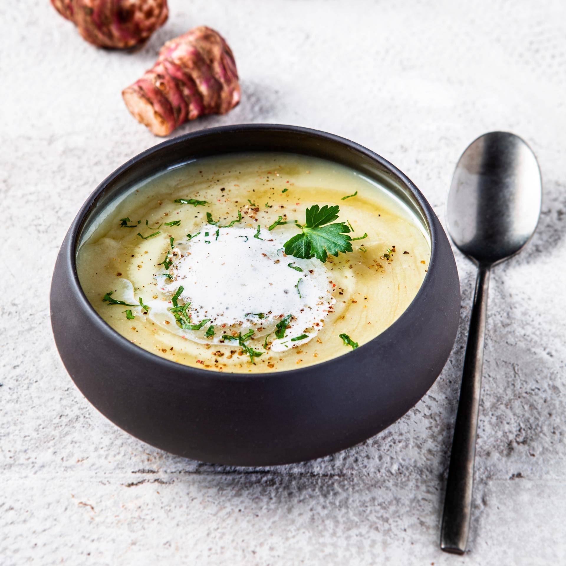 Crème de topinambours, écume de lard et huile de noisette - Recette Quickchef | Moulinex