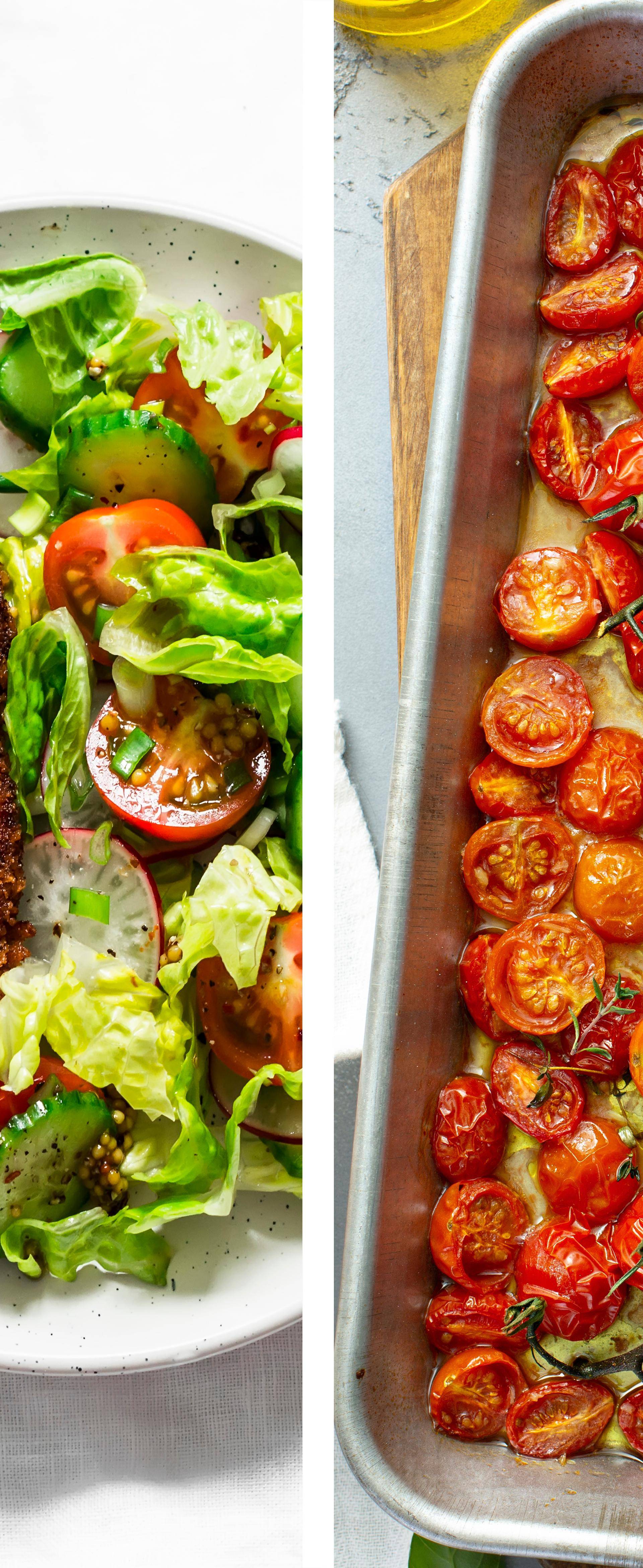 Milanese kip, mediterrane salade en geroosterde kerstomaatjes - Recette DUAL EASY FRY XXL | Moulinex