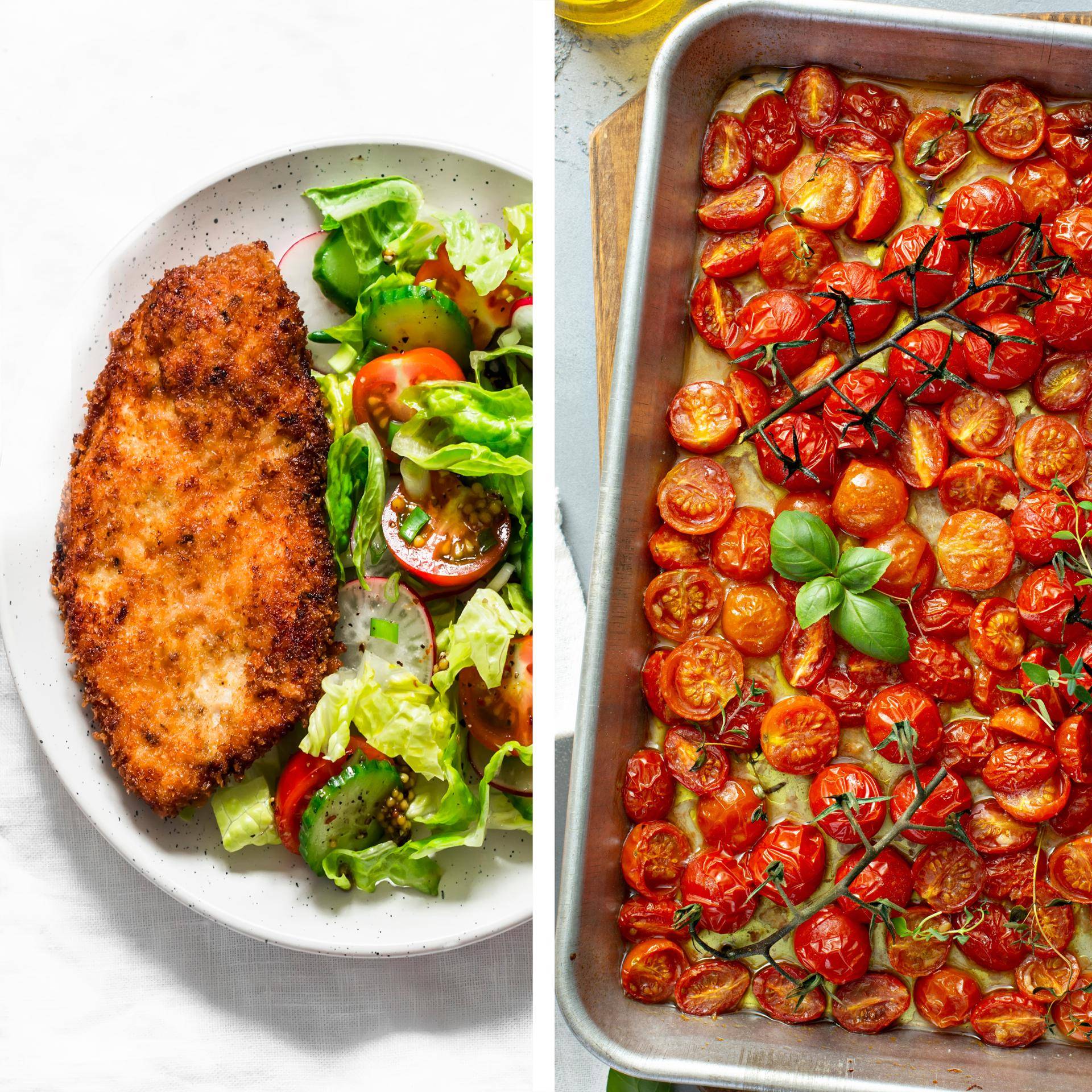 Milanese kip, mediterrane salade en geroosterde kerstomaatjes - Recette DUAL EASY FRY XXL | Moulinex