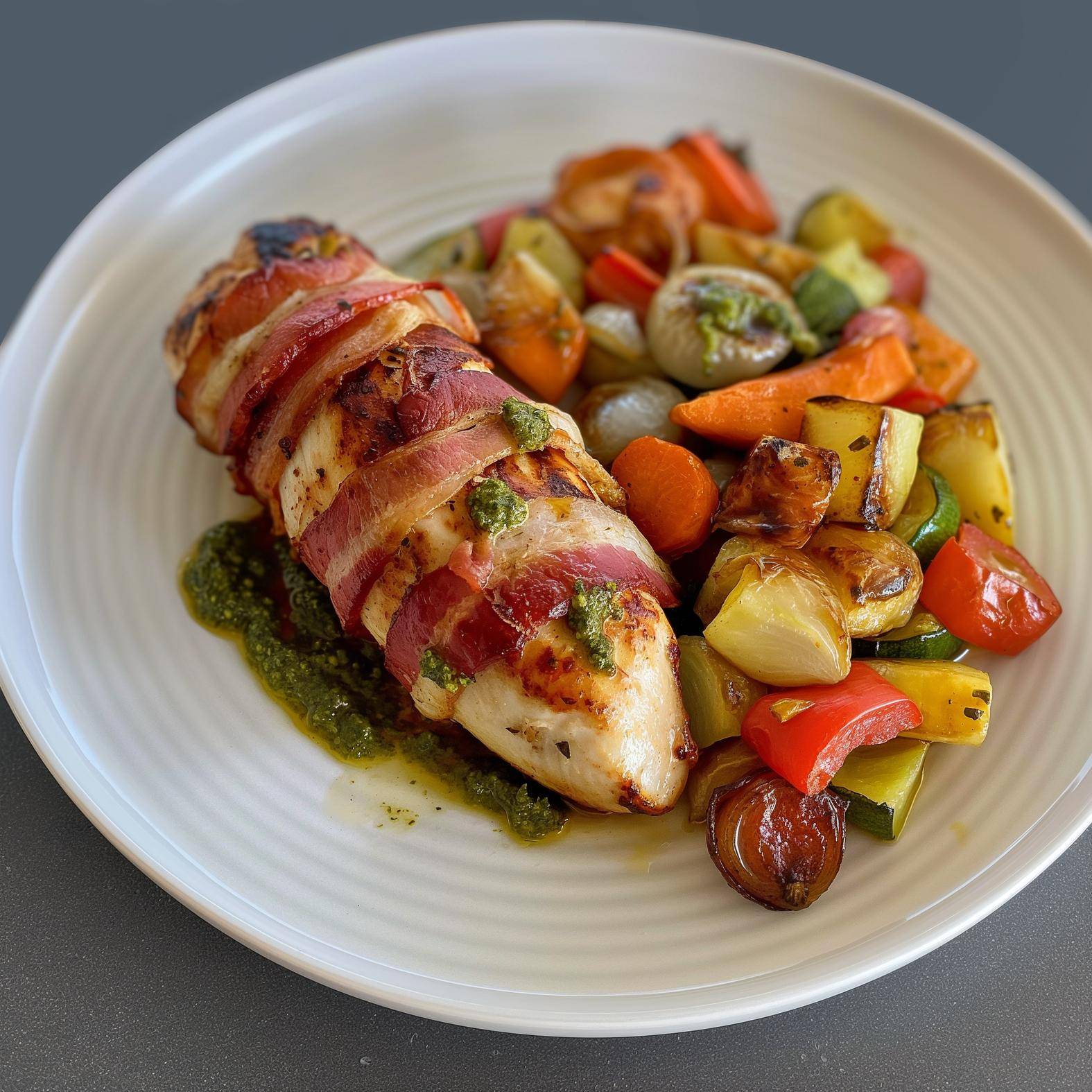Filets de poulet au bacon et légumes au pesto rosso - Recette Easy Fry Compact | Moulinex