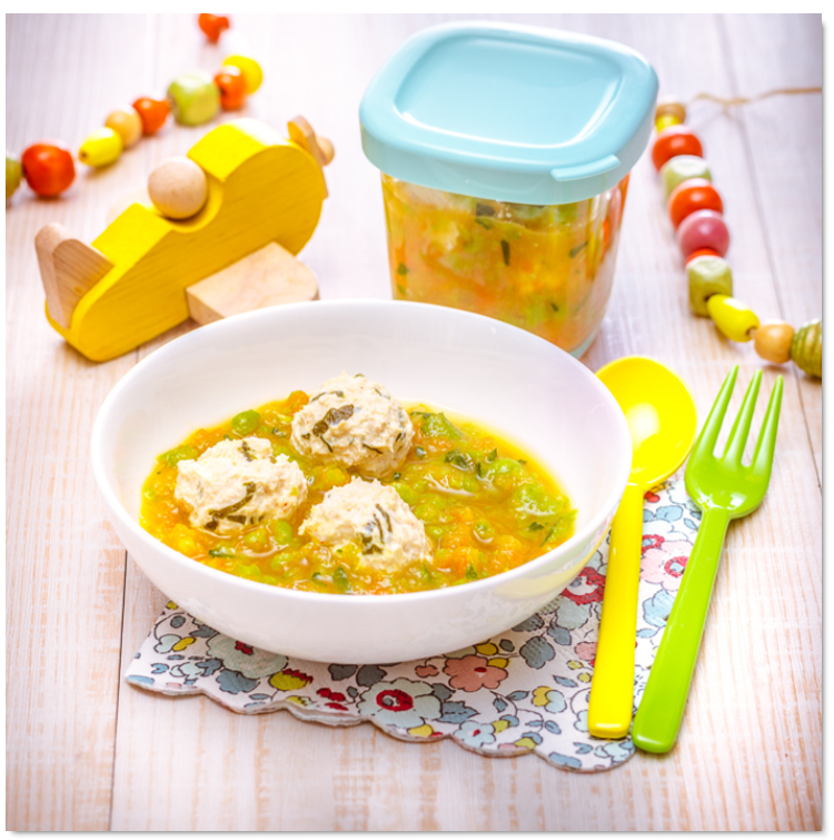 Petits légumes et boulettes de blanc de poulet pour bébé - Recette Companion | Moulinex