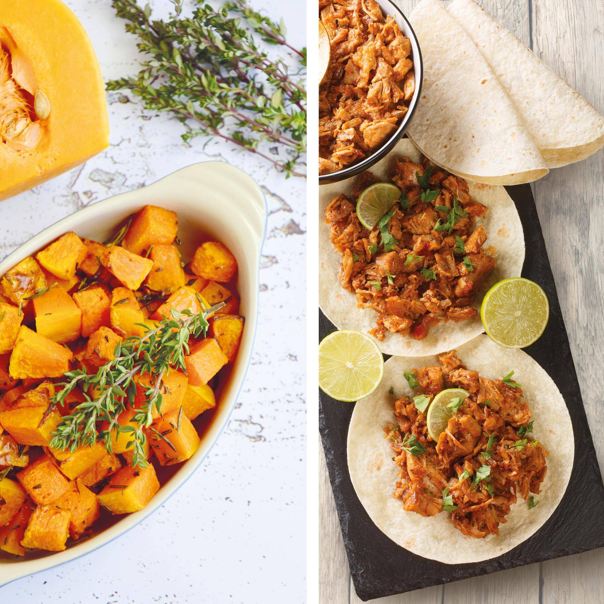 Pulled pork en in blokjes gesneden pompoen - Recette Dual EasyFry&Grill | Moulinex