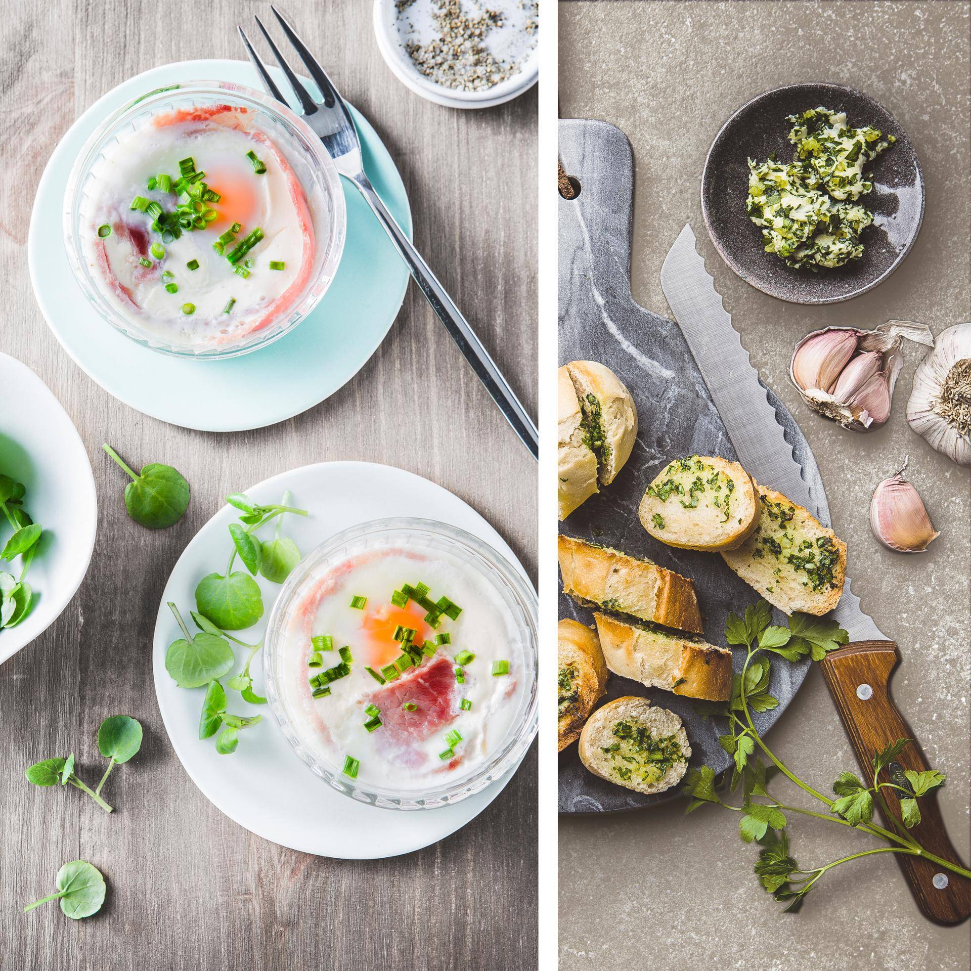 Eierschotel met pancetta en knoflookbrood - Recette DUAL EASY FRY XXL | Moulinex