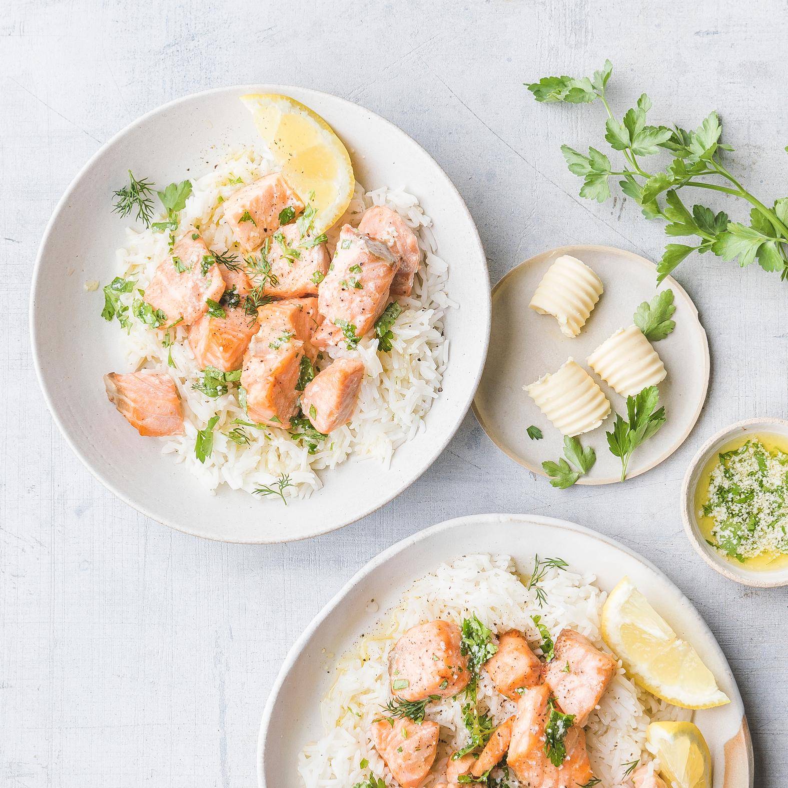 Zalmhapjes met knoflookboter - Recette Easy Fry Mega | Moulinex