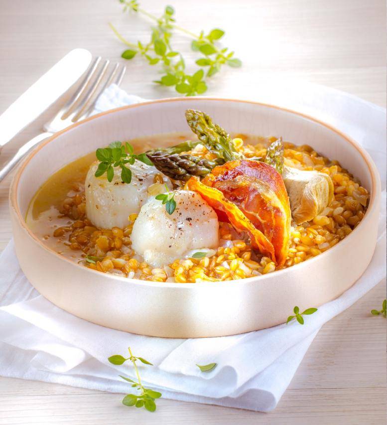 Risotto van spelt, sint-jakobsschelpen en pancettachips - Recette Companion Connect | Moulinex