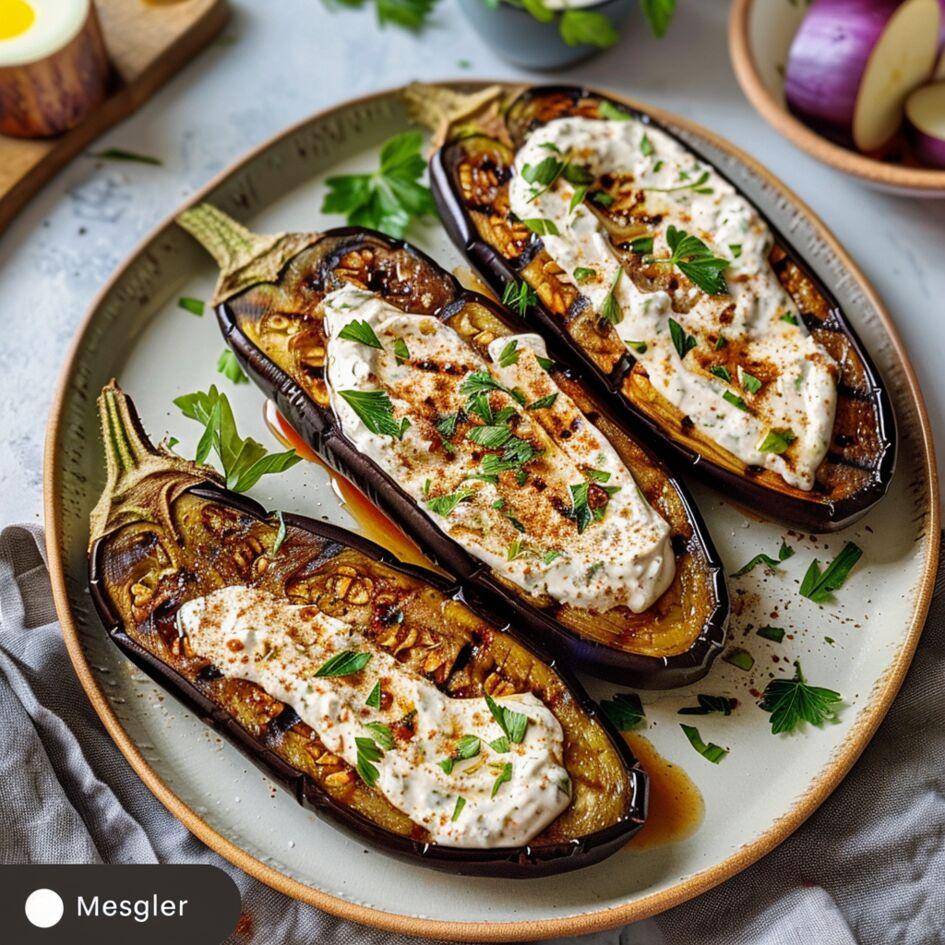 Geroosterde aubergines met yoghurtsaus - Recette Easy Fry Max | Moulinex