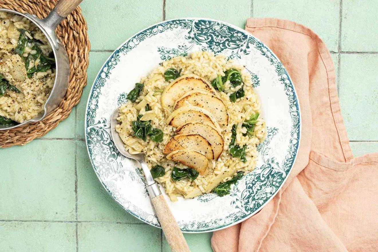 Risotto à la crème de féta à l'ail des ours, poire et épinards - Recette Companion Connect | Moulinex