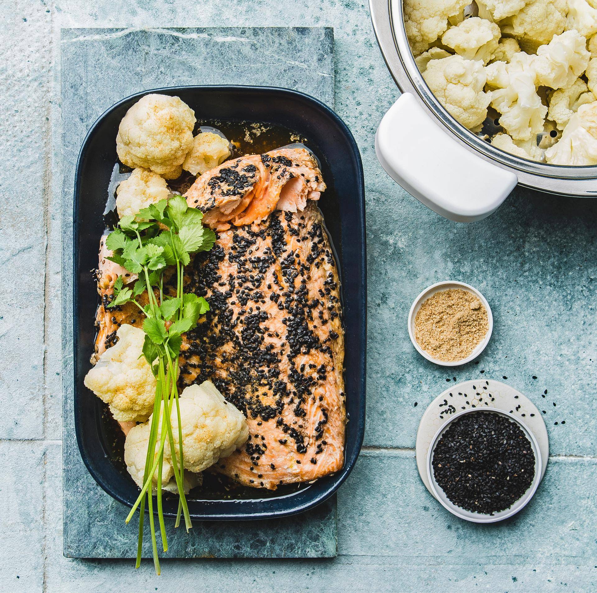 Saumon au tamari et sésame, chou-fleur au gomasio - Recette Companion | Moulinex