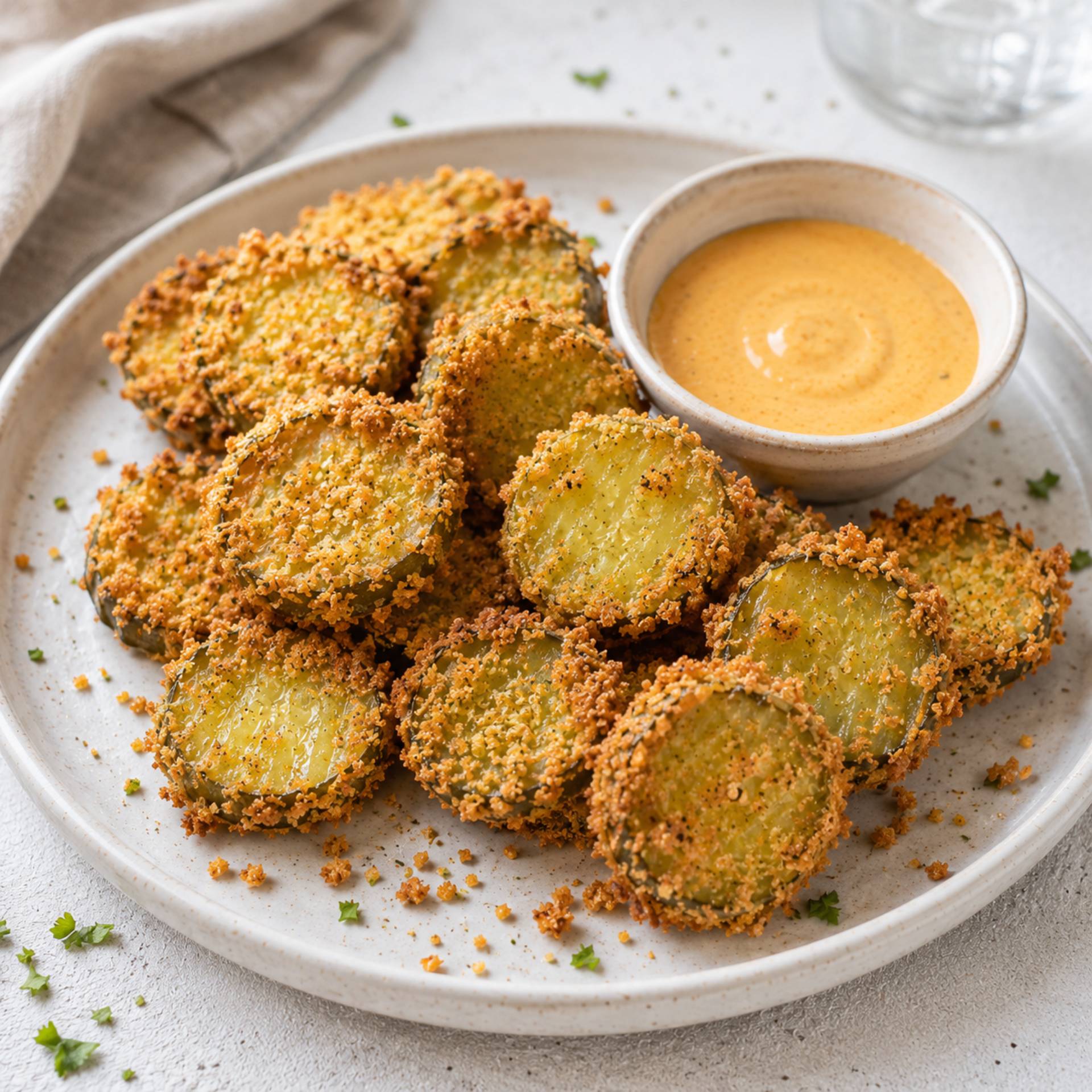 Chips de cornichons et leur sauce cheddar - Recette Crisp&Go 3P | Moulinex