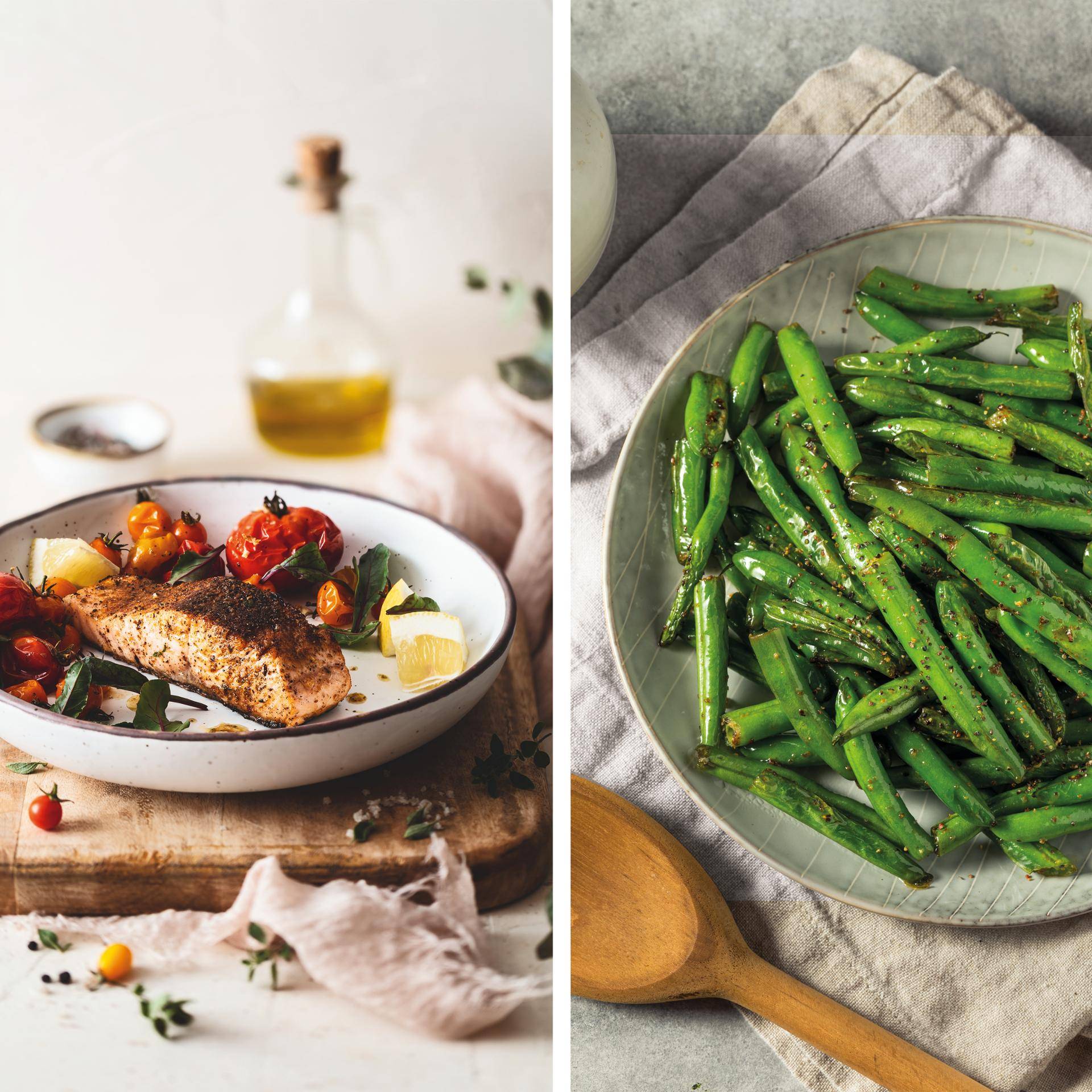 Saumon cajun et haricots verts à l'ail - Recette Dual EasyFry&Grill | Moulinex