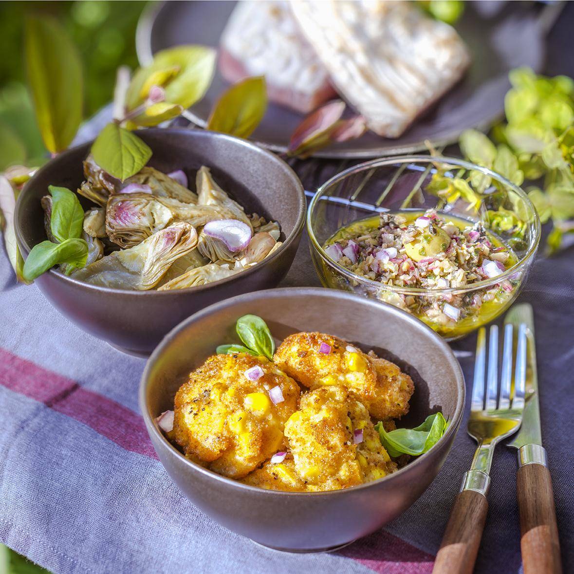 Pannetje van artisjok met olijven- en basilicumsaus en maïskroketten - Recette Companion Connect | Moulinex