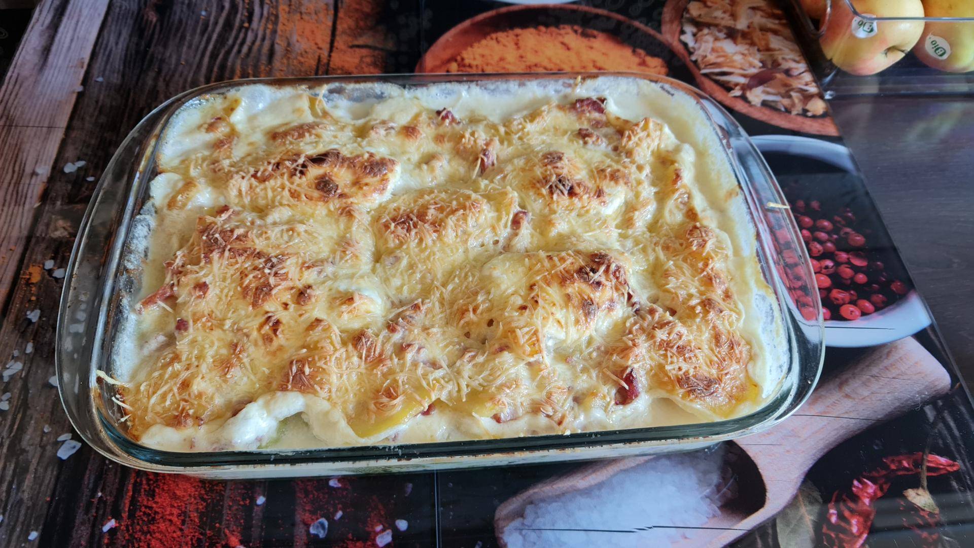 Gratin courgette pomme de terre lardons - Recette Companion Connect XL | Moulinex