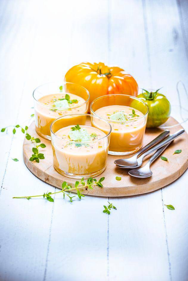 Gaspacho de tomates jaunes, glaçons de tomates vertes - Recette Perfectmix + | Moulinex