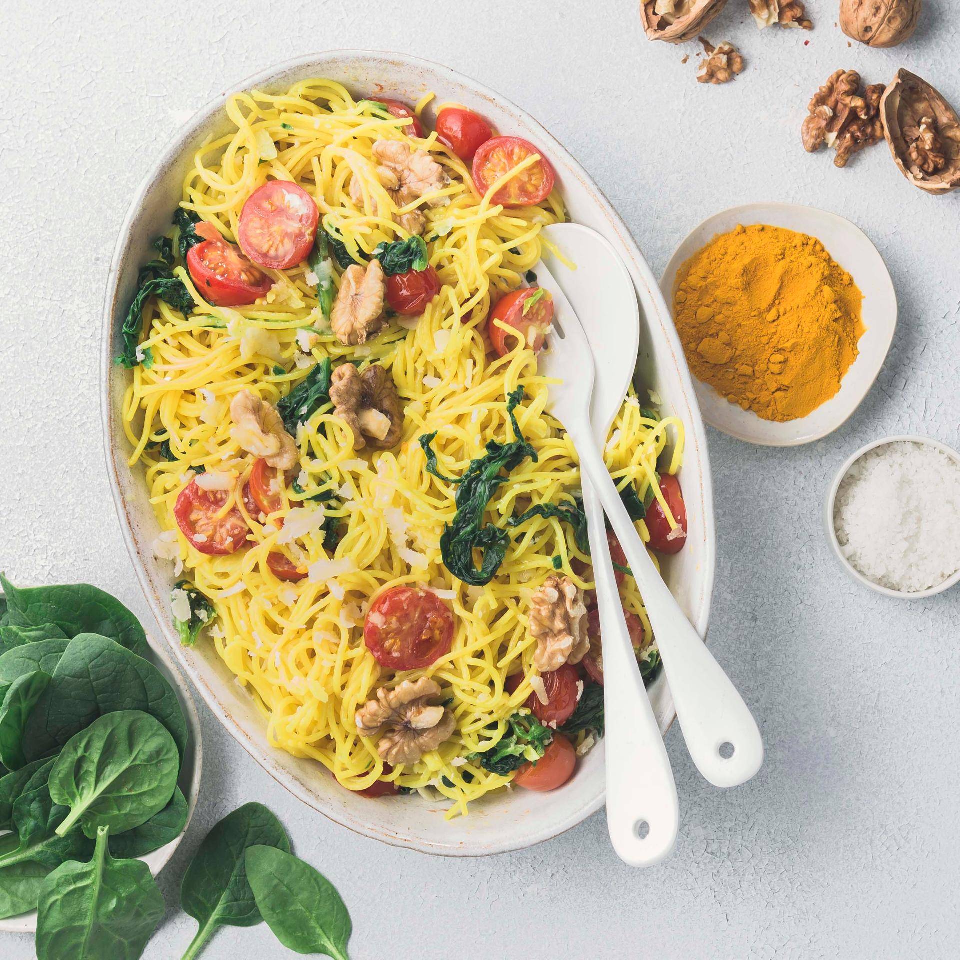 Spaghettis au curcuma et épinards frais - Recette Cook'in One | Moulinex