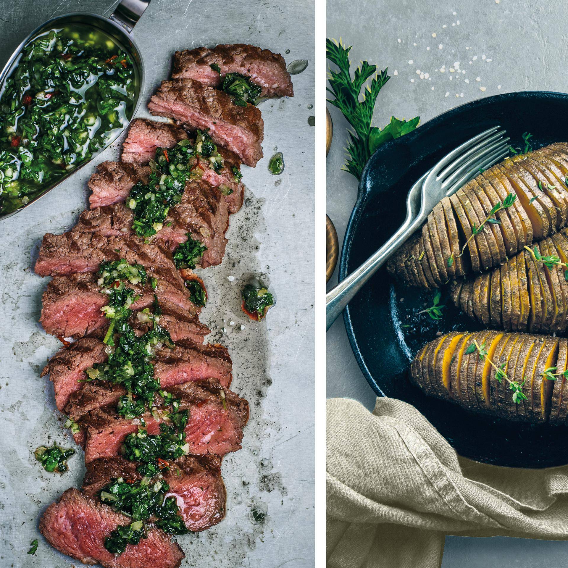 Steak met chimichurrisaus en zoete aardappel - Recette Easy Fry XL Surface | Moulinex
