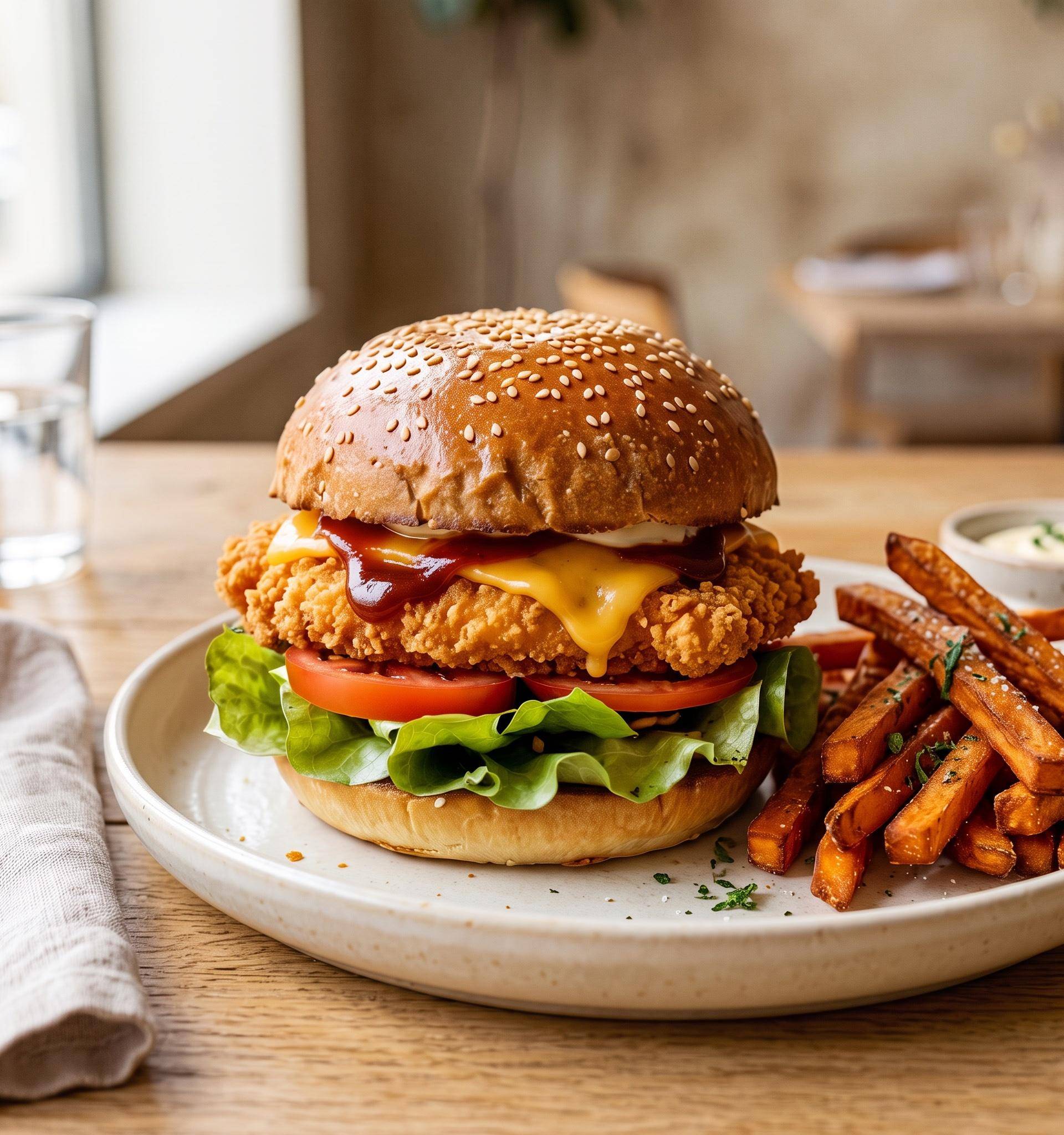 Burger de poulet BBQ et frites de patate douce - Recette Cookeo Infinity 16in1 | Moulinex