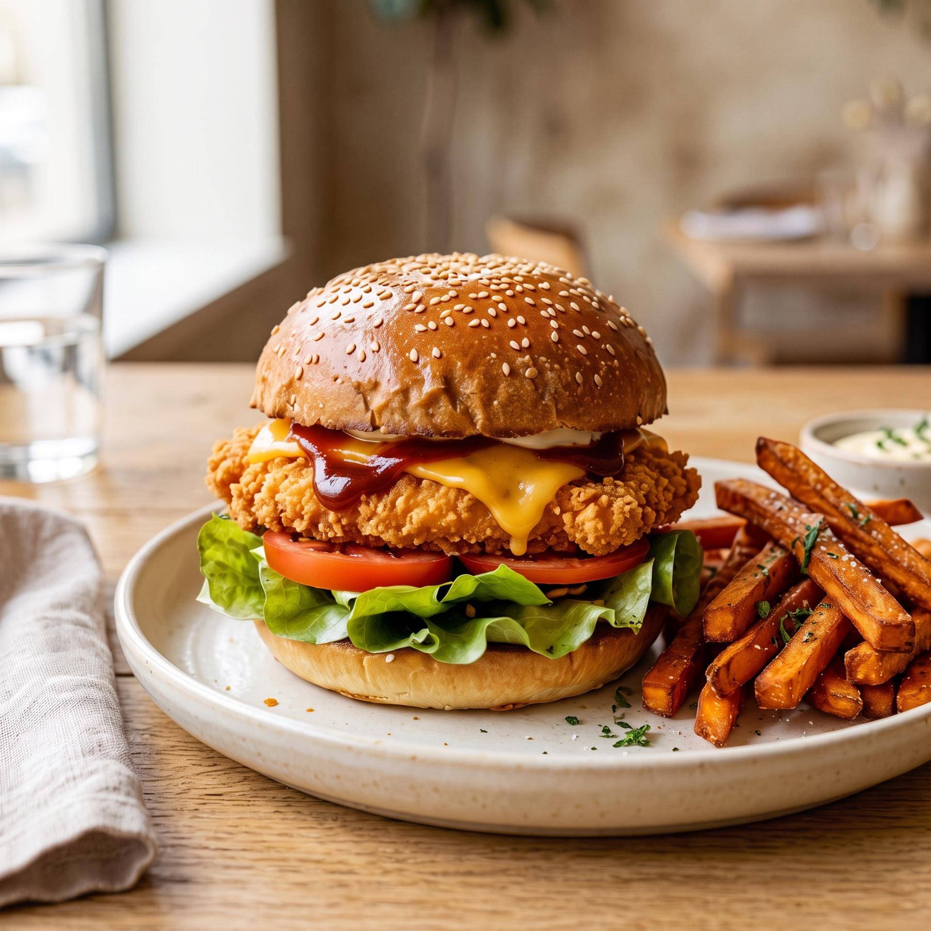 Burger de poulet BBQ et frites de patate douce - Recette Cookeo Infinity 16in1 | Moulinex