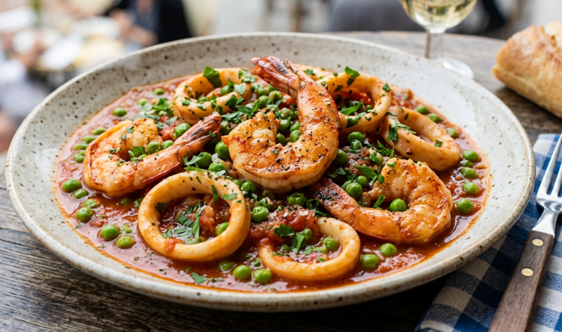 Gambas et anneaux d'encornets aux petits pois - Recette Companion Connect XL | Moulinex