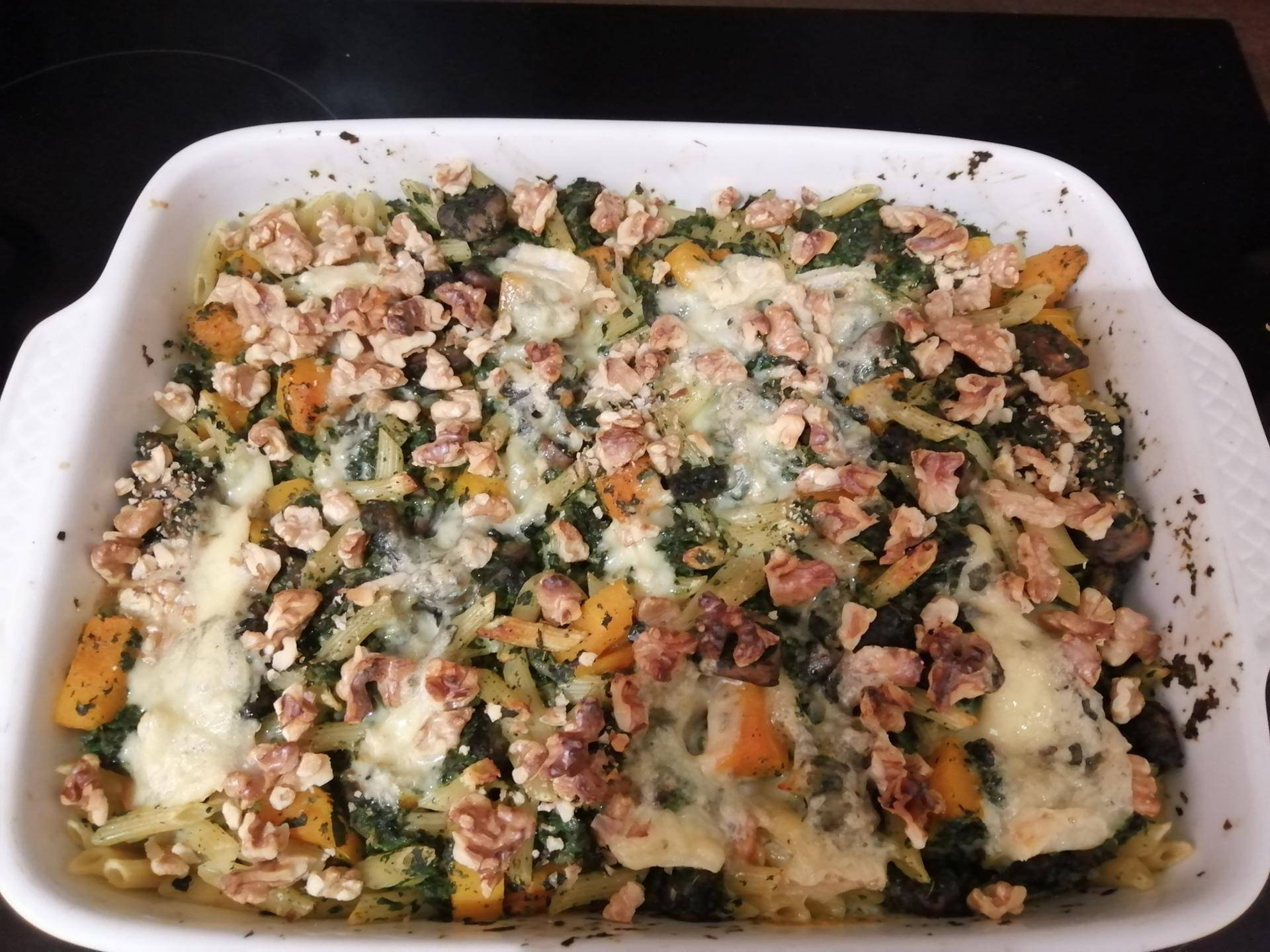 Gratin de pennes, butternut, épinards, bleu d'Auvergne, noix - Recette Companion XL | Moulinex