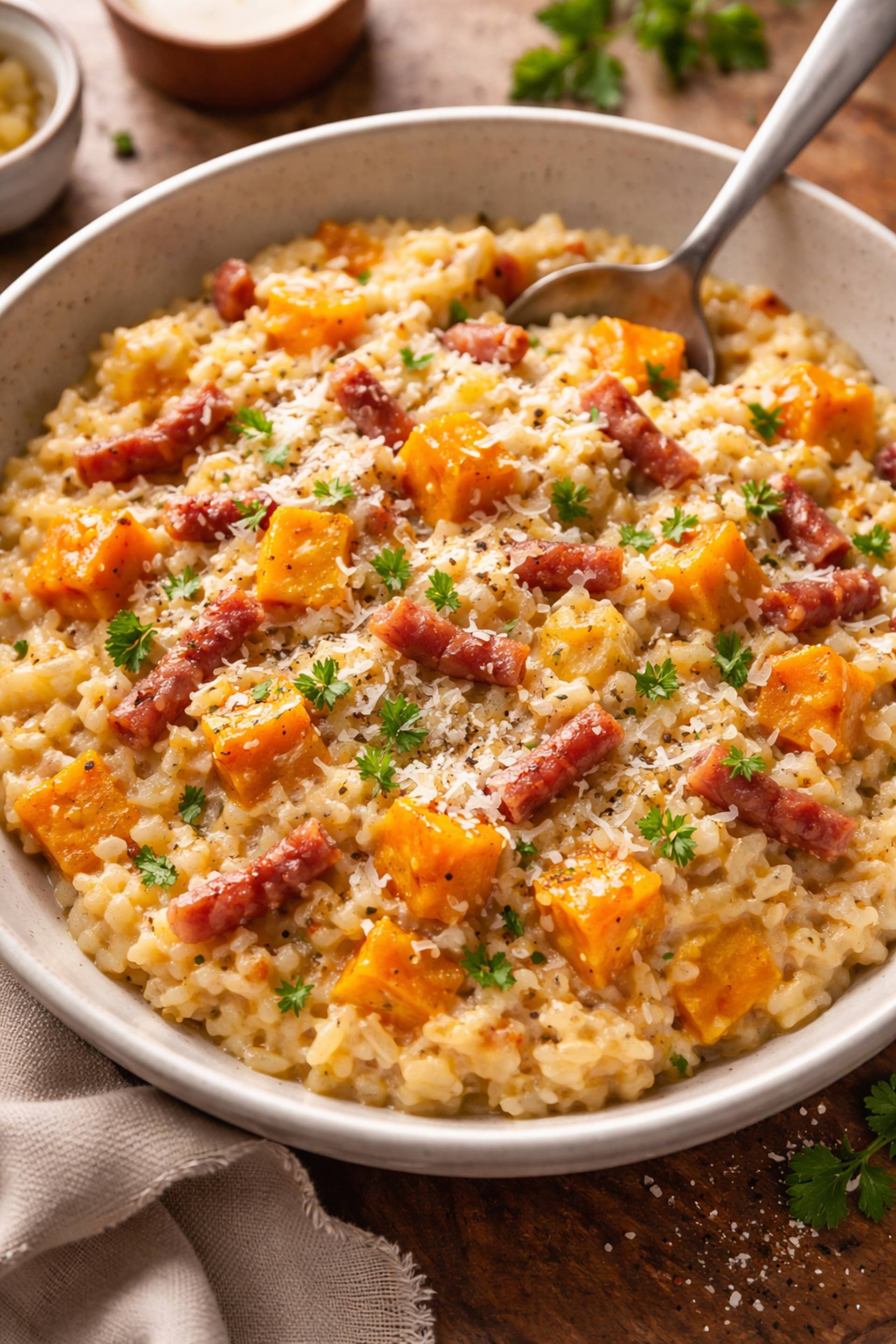 Risotto de potimarron, lardons et parmesan - Recette Cookeo V3 | Moulinex