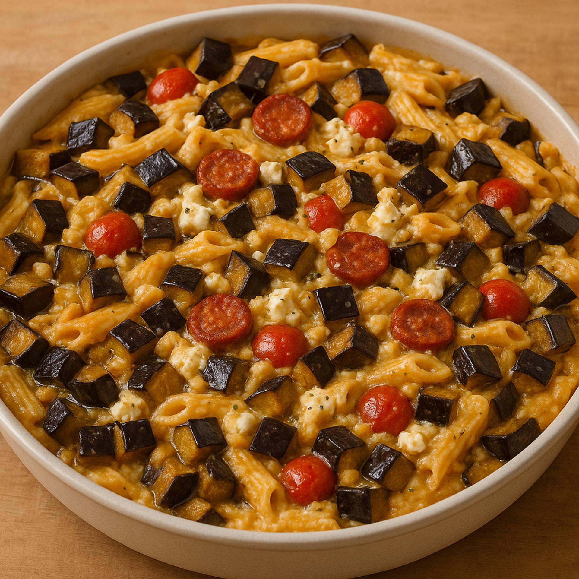 Pâtes crémeuse aux aubergines, chorizo & fêta - Recette Cookeo 9in1 | Moulinex