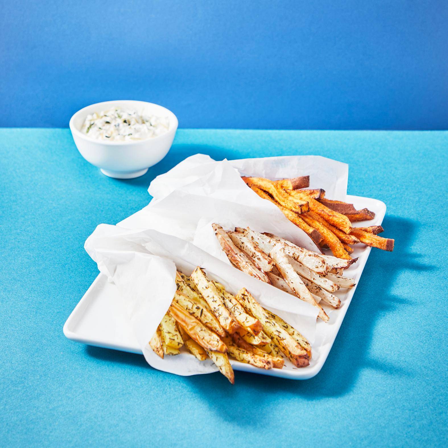 Frites de légumes et crème à la feta - Recette Easy Fry Compact | Moulinex