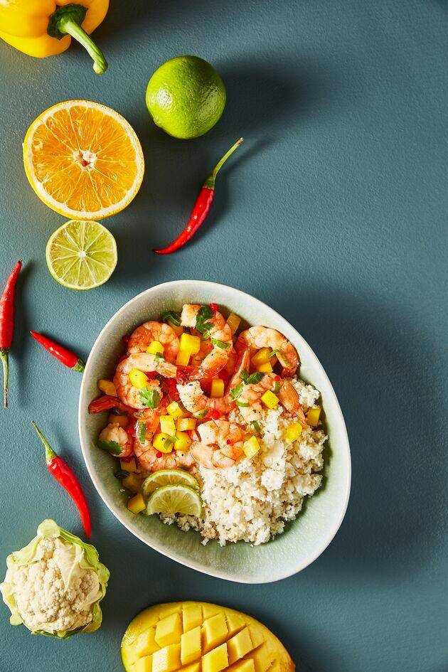Crevettes à la mangue sur riz de chou-fleur - Recette Perfectmix + | Moulinex