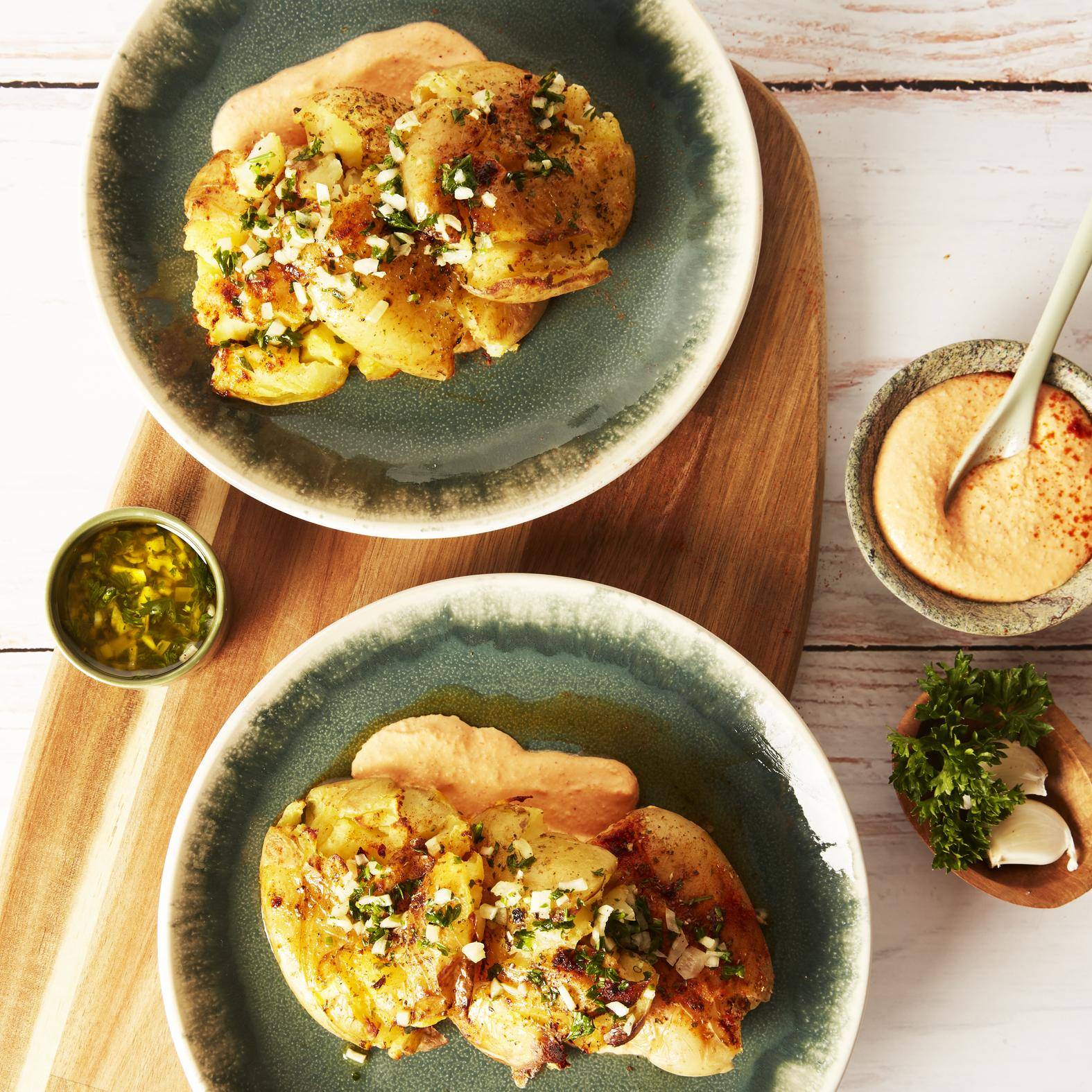 Smashed potatoes, ktipiti et huile aux herbes - Recette EASY FRY GRILL & STEAM 3 in 1 | Moulinex