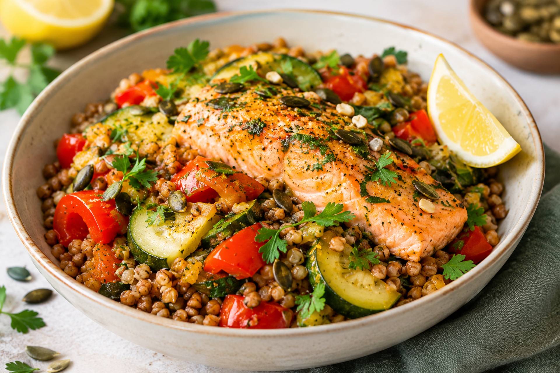 Sarrasin grillé, saumon et légumes - Recette Cookeo 9in1 | Moulinex