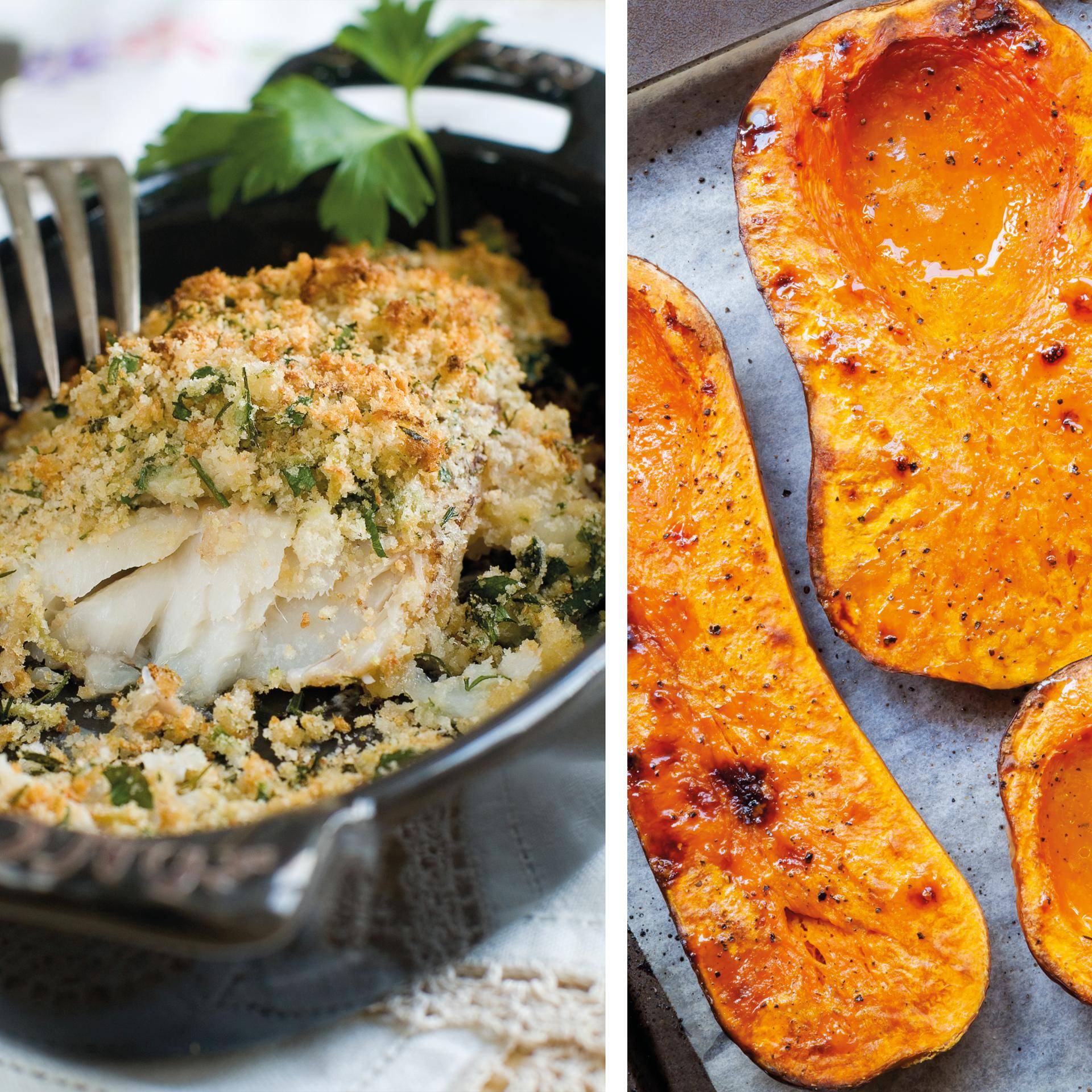 Zeebaars met pistachekorst en geroosterde pompoenhelften - Recette Dual EasyFry&Grill | Moulinex