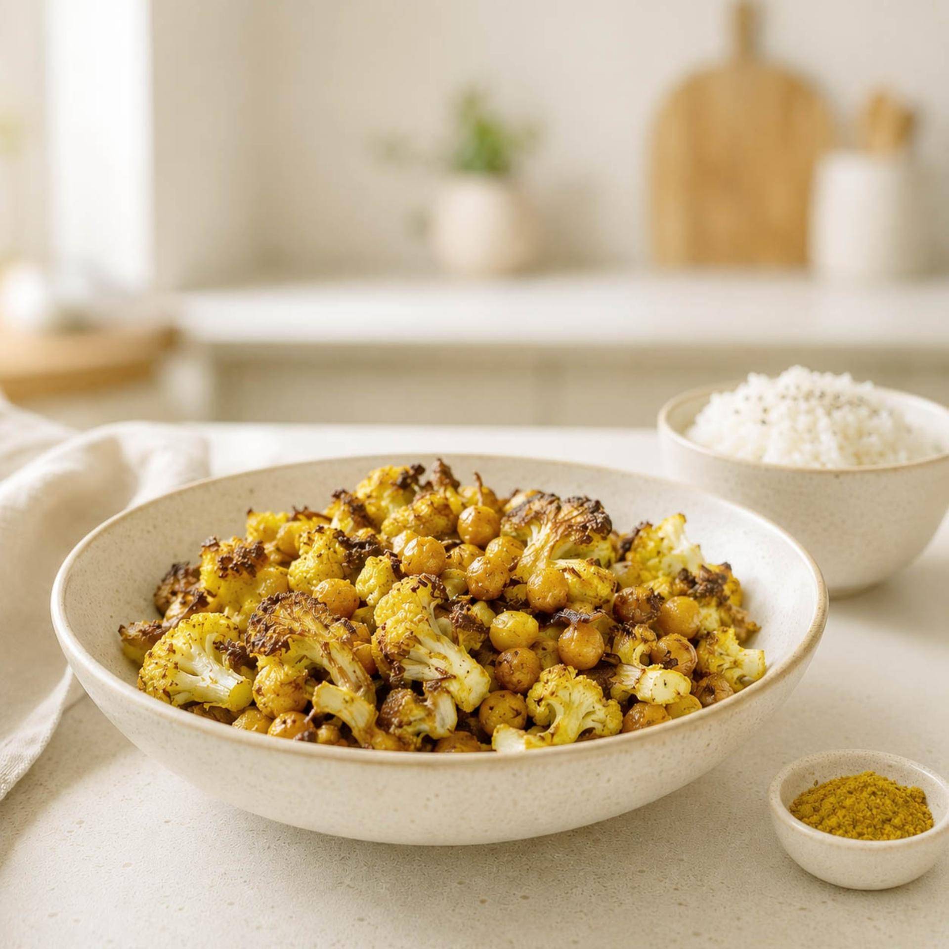 Pois chiches grillés et chou-fleur rôti au curry doux - Recette Easy Fry Compact | Moulinex