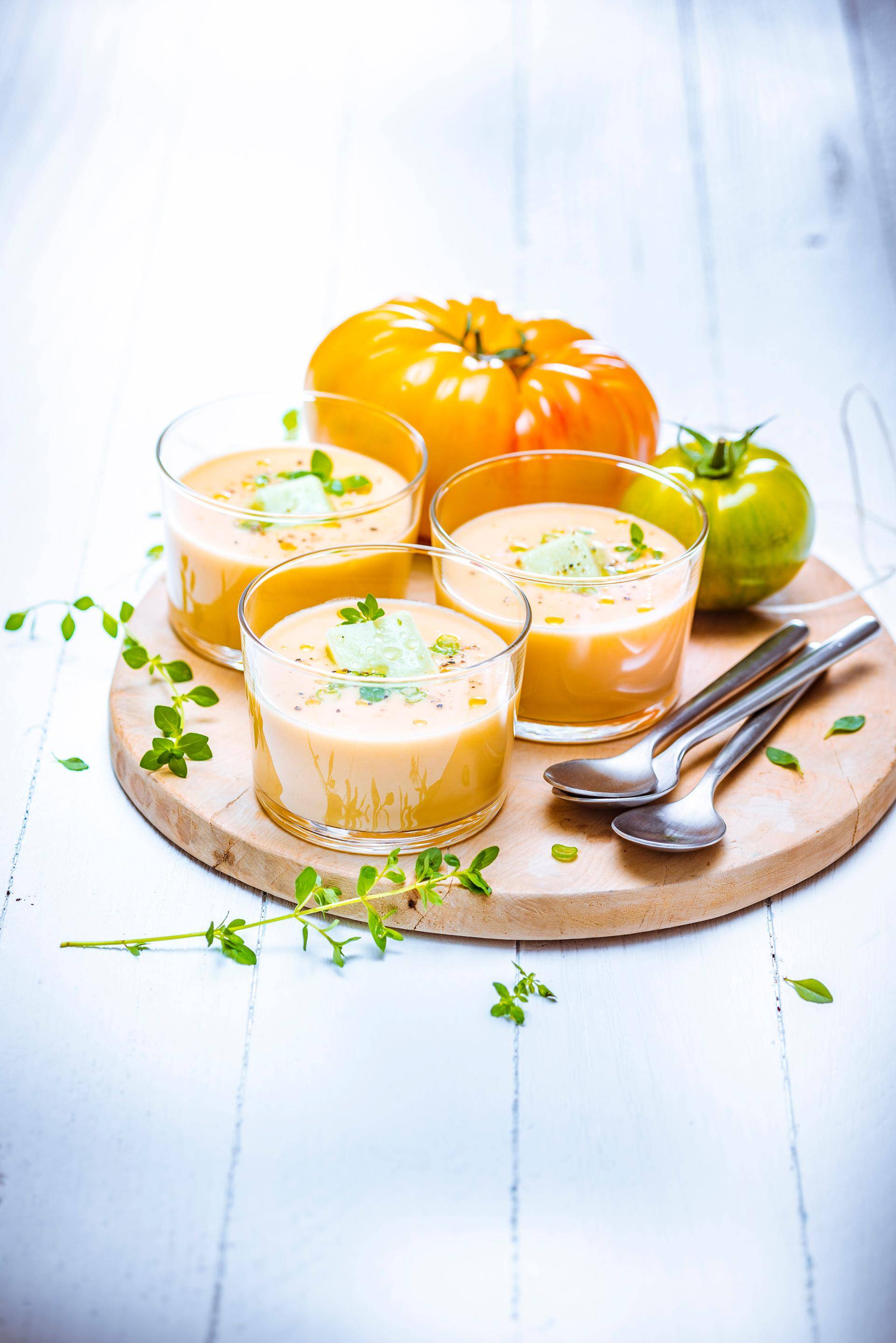 Gaspacho de tomates jaunes, glaçons de tomates vertes - Recette Ultrablend Cook | Moulinex